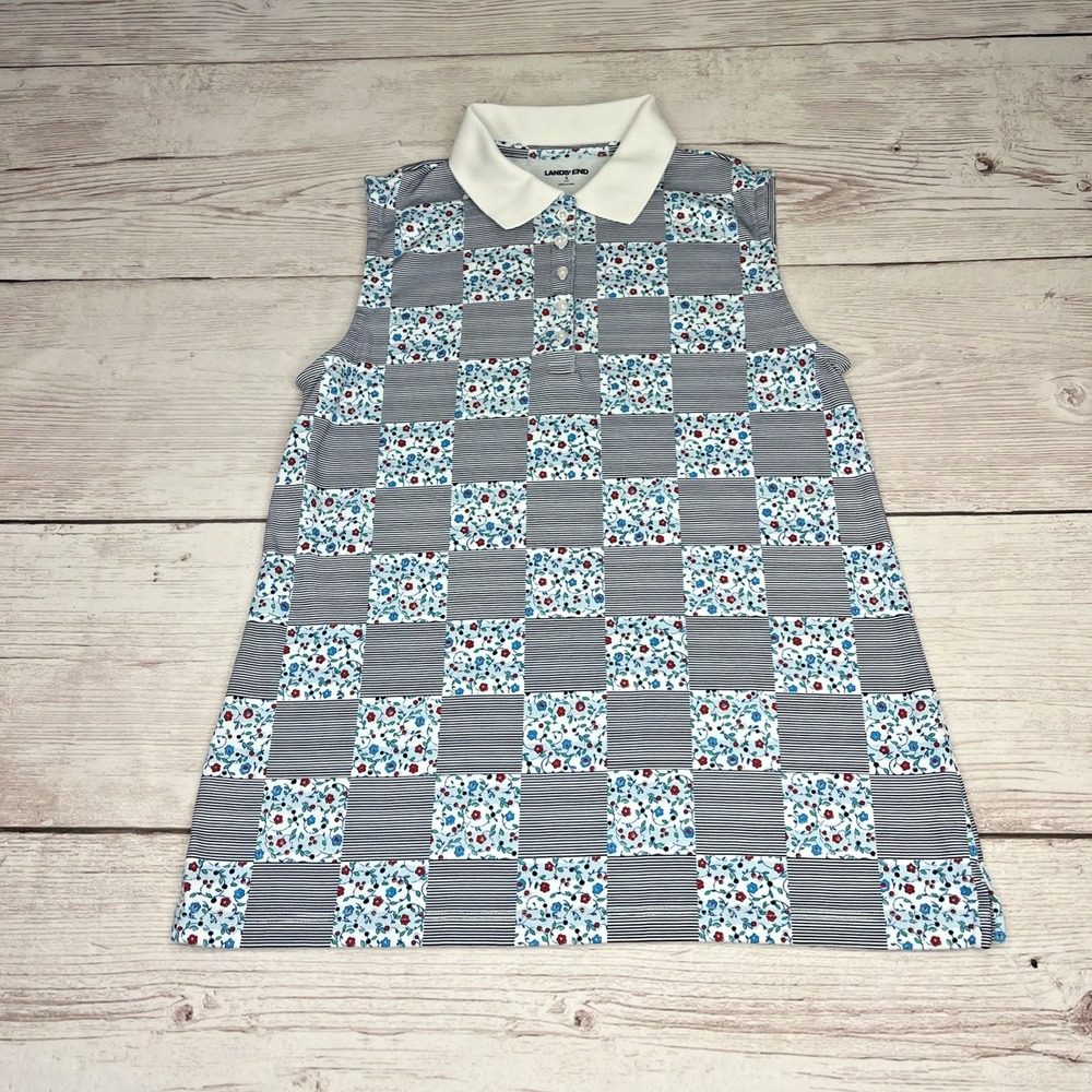 Lands' End Women's Small Sleeveless Polo Shirt Floral Checkered EXC